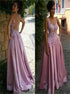 A Line V Neck Appliques Pink Satin Prom Dress LBQ4272
